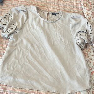 Light Gray Puff Sleeve Eyelet Top - Women's